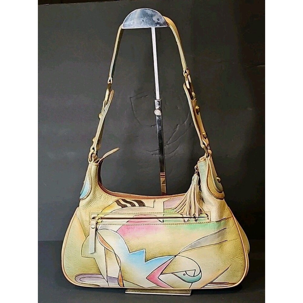 Magnifique Hand Painted Leather Hobo Bag Abstract Cubist Art EUC Vintage 90s